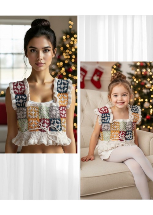 ANNE KIZ KOMBİN YAZLIK EL ÖRGÜSÜĞ BEYAZ ,RENKLİ MOTİFLİ BLUZ