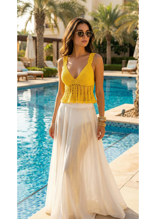 Yazlık Açık Yaka Kalın Askılı Açık Sırt Esnek Sarı Renk Örgü Bluz