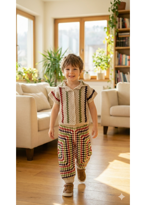 ERKEK ÇOCUK BEJ ÇOK RENKLİ EL ÖRGÜSÜ PANTOLON VE KISA KOLLU TİŞÖRT