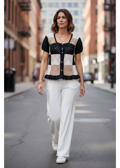 KADIN EL ÖRGÜSÜ YAZLIK KAHVE SİYAH KREM KARE MOTİFLİ BLUZ