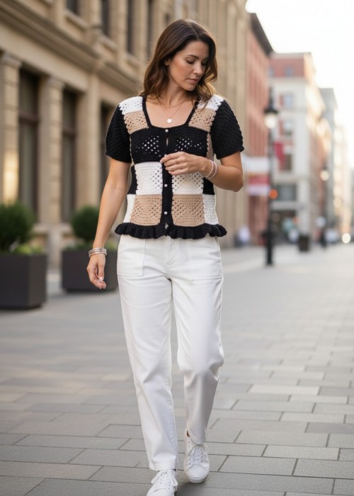 KADIN EL ÖRGÜSÜ YAZLIK KAHVE SİYAH KREM KARE MOTİFLİ BLUZ