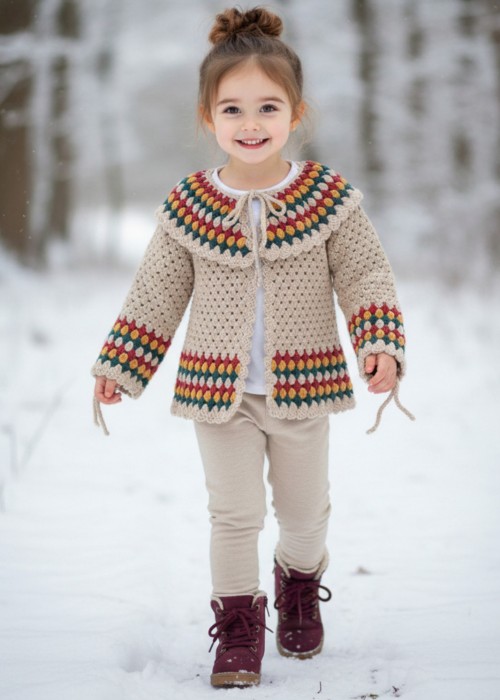 KIZ ÇOCUK BEJ RENGİ BEBE YAKA EL ÖRGÜSÜ HIRKA