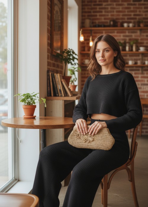 Kadın Bej Gizli Burslu Hand Made, El Örgüsü, Kağıt İpten Yazlık El Çantası, Clutch , Portföy