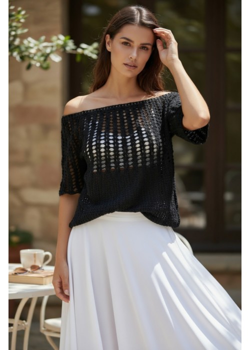 Kadın Siyah Pamuklu İp Pul Detaylı Hand Made El Örgüsü Düşük Omuz Düşük Kol Yazlık Bluz