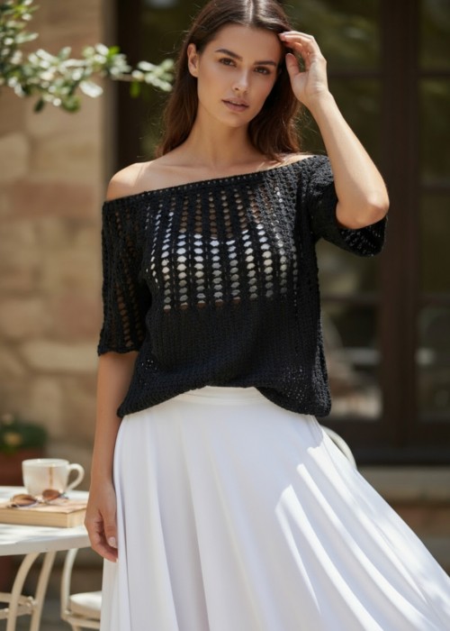 Kadın Siyah Pamuklu İp Pul Detaylı Hand Made El Örgüsü Düşük Omuz Düşük Kol Yazlık Bluz