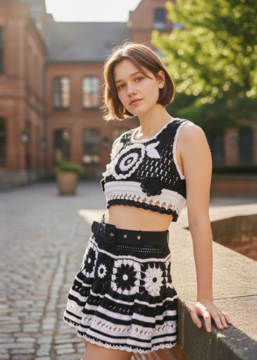 Kadın Siyah Beyaz Renk Pamuklu Coton Ip Kalın Askılı Crop Bluz Kısa Etekli Ikili Takım