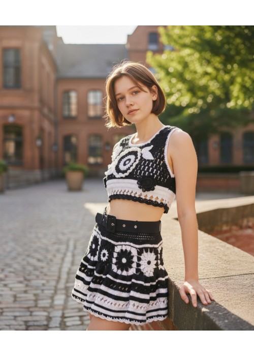 Kadın Siyah Beyaz Renk Pamuklu Coton Ip Kalın Askılı Crop Bluz Kısa Etekli Ikili Takım