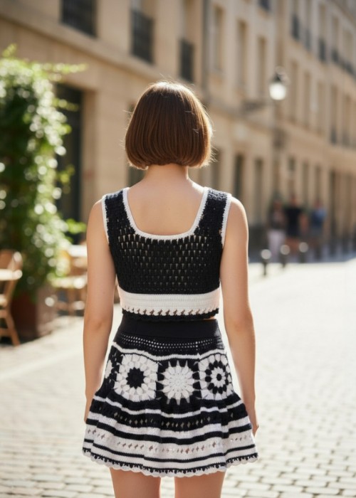 Kadın Siyah Beyaz Renk Pamuklu Coton Ip Kalın Askılı Crop Bluz Kısa Etekli Ikili Takım