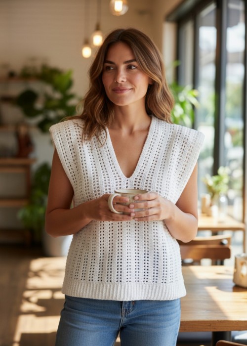 Kadın Beyaz Renk Hand Made El Örgüsü Pamuklu Coton İpten V Yaka Yazlık Düşük Omuz Düşük Kol Bluz