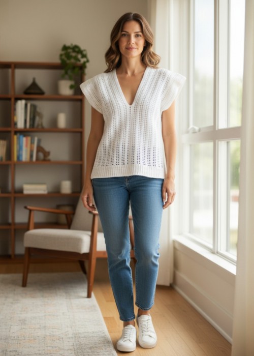 Kadın Beyaz Renk Hand Made El Örgüsü Pamuklu Coton İpten V Yaka Yazlık Düşük Omuz Düşük Kol Bluz