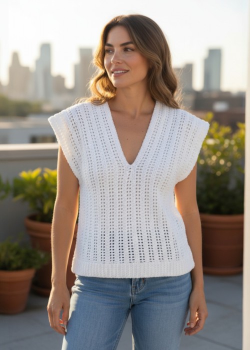 Kadın Beyaz Renk Hand Made El Örgüsü Pamuklu Coton İpten V Yaka Yazlık Düşük Omuz Düşük Kol Bluz