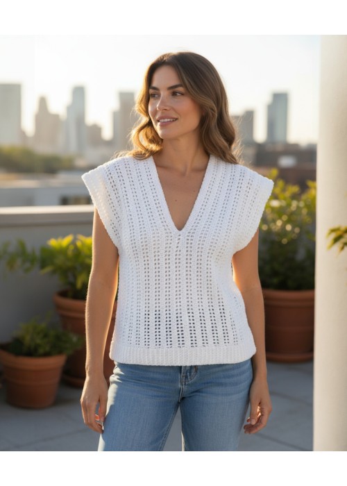 Kadın Beyaz Renk Hand Made El Örgüsü Pamuklu Coton İpten V Yaka Yazlık Düşük Omuz Düşük Kol Bluz