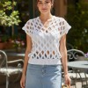 Kadın Beyaz Kafes Modeli Ajurlu Hand Made El Örgüsü Pamuklu Coton İp V Yaka Yazlık Düşük Kol Bluz