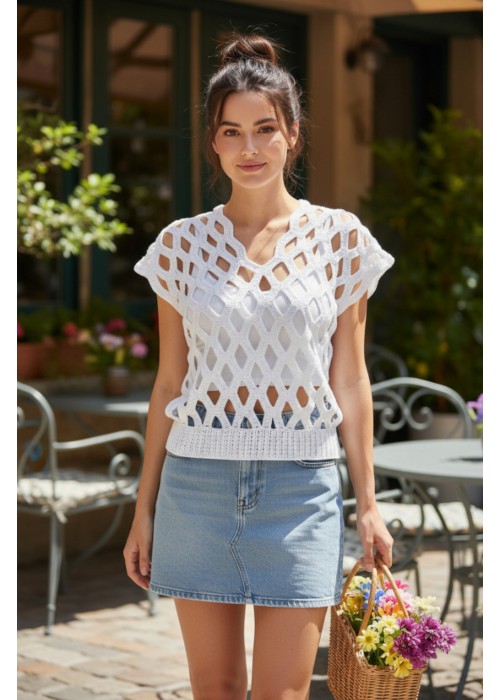 Kadın Beyaz Kafes Modeli Ajurlu Hand Made El Örgüsü Pamuklu Coton İp V Yaka Yazlık Düşük Kol Bluz