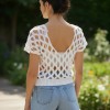 Kadın Beyaz Kafes Modeli Ajurlu Hand Made El Örgüsü Pamuklu Coton İp V Yaka Yazlık Düşük Kol Bluz