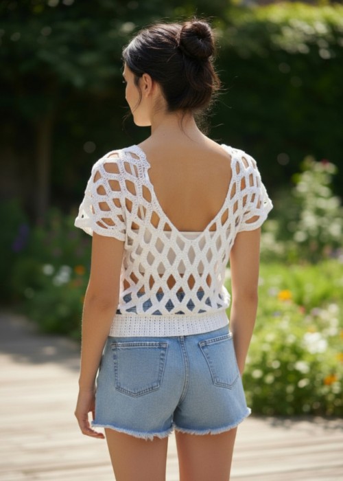 Kadın Beyaz Kafes Modeli Ajurlu Hand Made El Örgüsü Pamuklu Coton İp V Yaka Yazlık Düşük Kol Bluz