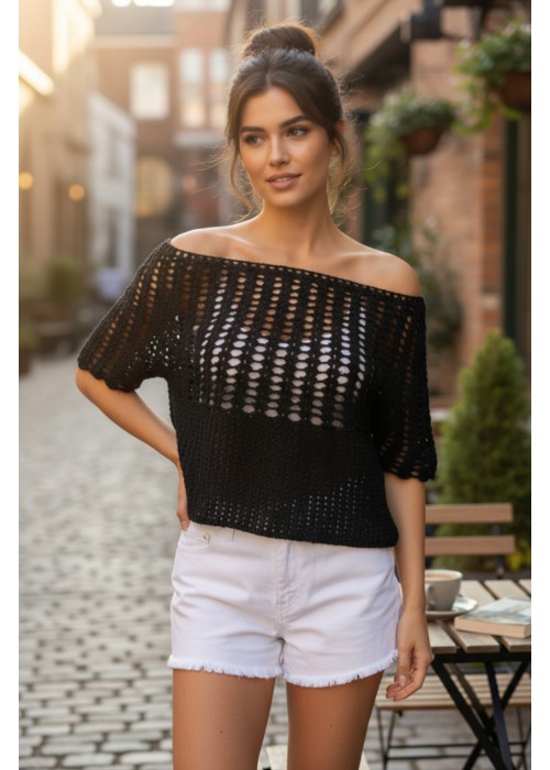 Kadın Siyah Pamuklu İp Pul Detaylı Hand Made El Örgüsü Düşük Omuz Düşük Kol Yazlık Bluz