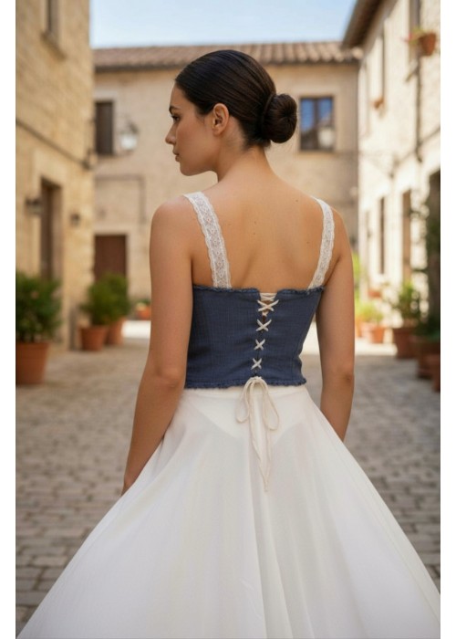 KADIN YAZLIK EL ÖRGÜSÜ LACİVERT BEYAZ ASKILI BLUZ