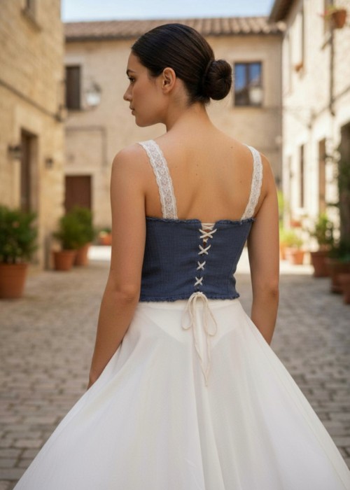 KADIN YAZLIK EL ÖRGÜSÜ LACİVERT BEYAZ ASKILI BLUZ