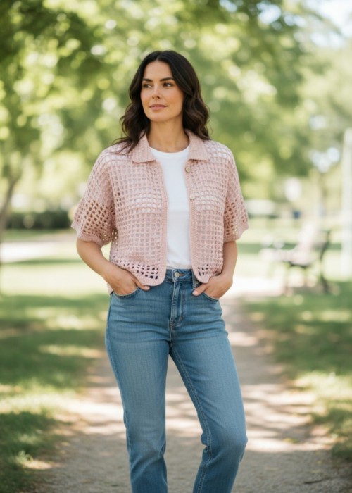 KADIN POLO YAKA EL ÖRGÜSÜ PEMBE RENK YAZLIK BLUZ