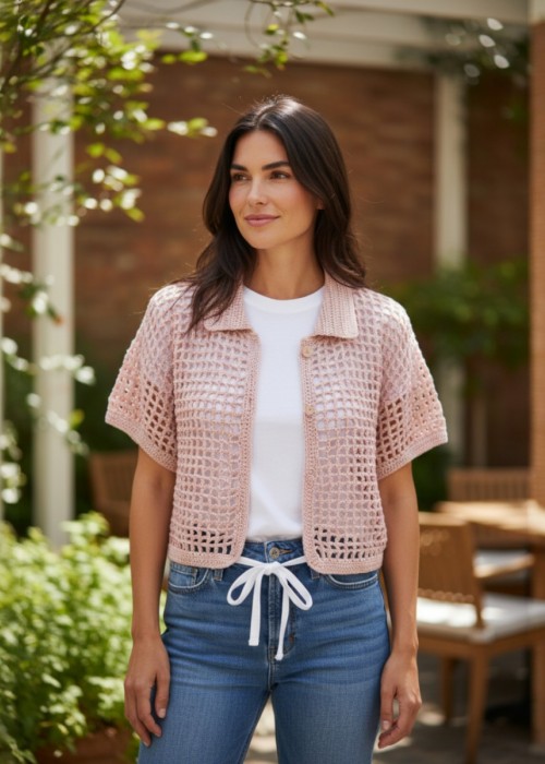 KADIN POLO YAKA EL ÖRGÜSÜ PEMBE RENK YAZLIK BLUZ