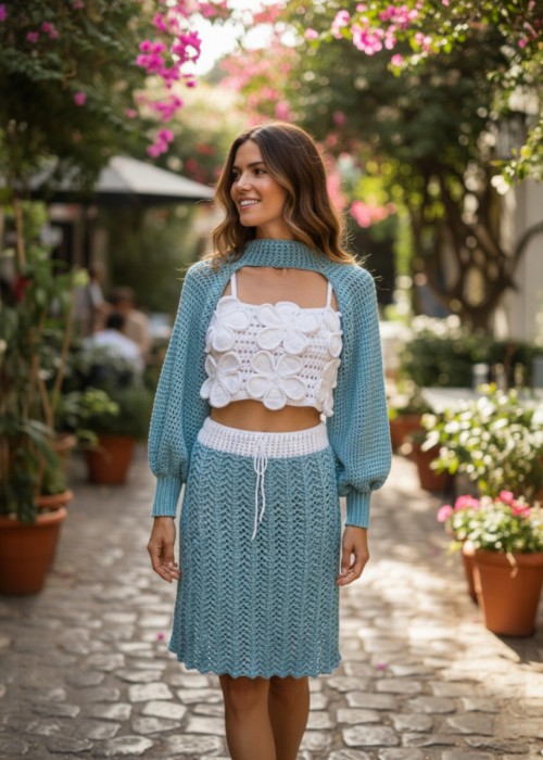 KADIN YEŞİL RENK ÖRGÜ PAMUKLU İP ÜÇLÜ ETEKLİ TAKIM