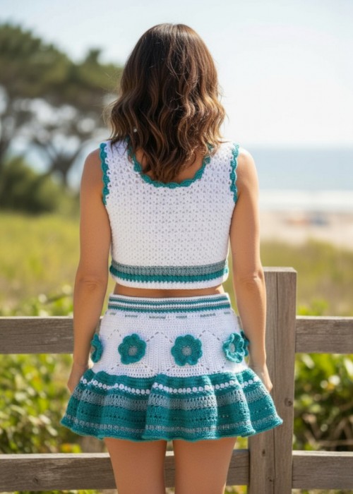 Kadın Beyaz Yeşil Ve Tonları Pamuklu Ip Hand Made El Örgüsü Kolsuz Crop Bluz Kısa Etek Takım