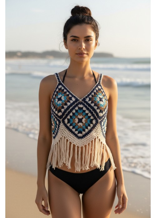 KADIN YAZLIK BLUZ MOTİFLİ PÜSKÜL DETAYLI EL ÖRGÜSÜ