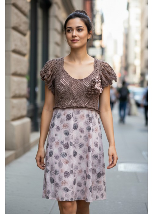 Kadın Taba Rengi Kumaş Detaylı Yazlık Örgü Elbise,Hand Made