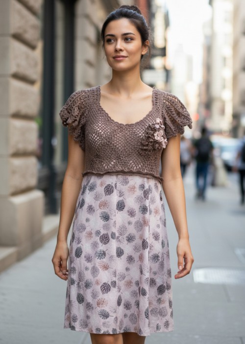 Kadın Taba Rengi Kumaş Detaylı Yazlık Örgü Elbise,Hand Made