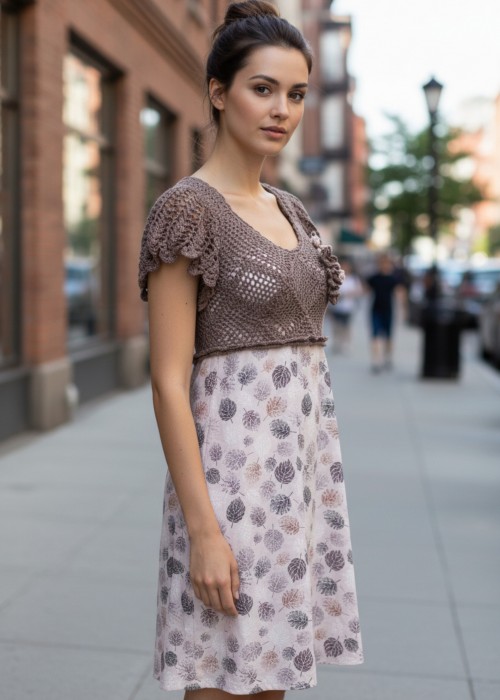 Kadın Taba Rengi Kumaş Detaylı Yazlık Örgü Elbise,Hand Made