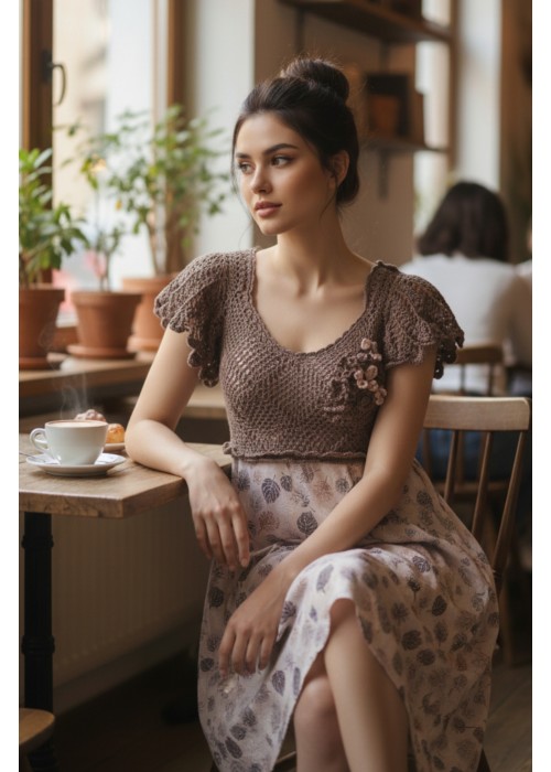 Kadın Taba Rengi Kumaş Detaylı Yazlık Örgü Elbise,Hand Made