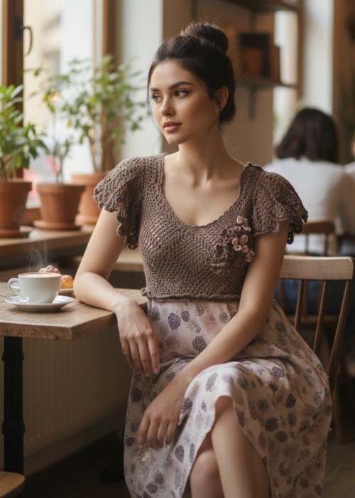 Kadın Taba Rengi Kumaş Detaylı Yazlık Örgü Elbise,Hand Made