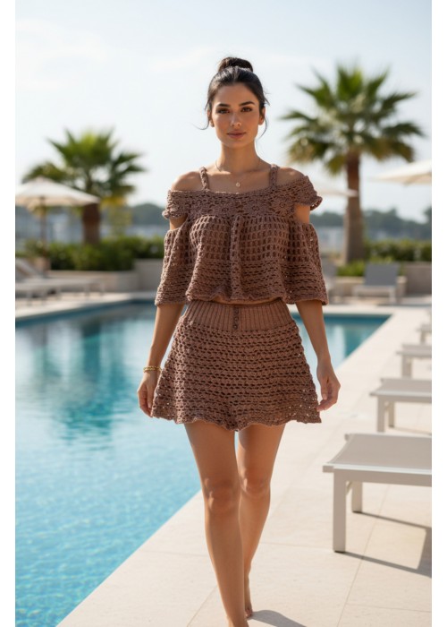 Kadın Taba El Örgüsü Açık Omuz Ince Askılı Bluz Şortlu Takım