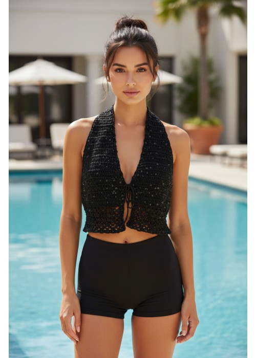 Kadın Siyah Pul Detaylı Yazlık El Örgüsü Hand Made Bolero