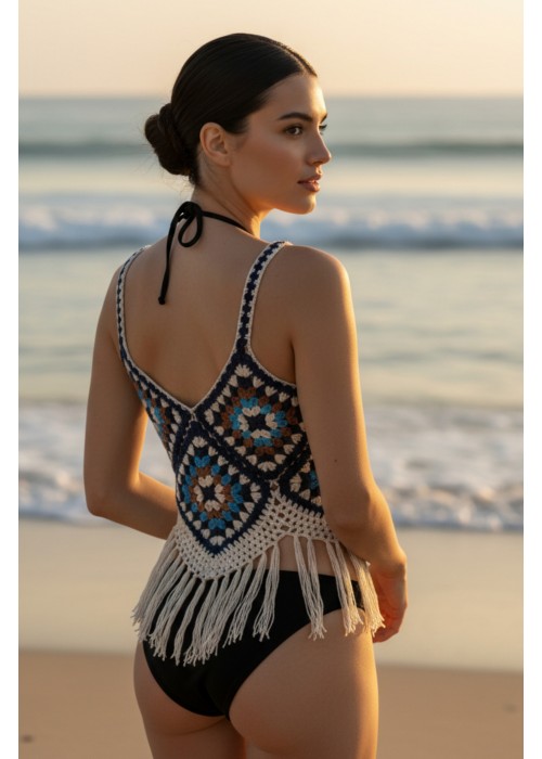 KADIN YAZLIK BLUZ MOTİFLİ PÜSKÜL DETAYLI EL ÖRGÜSÜ