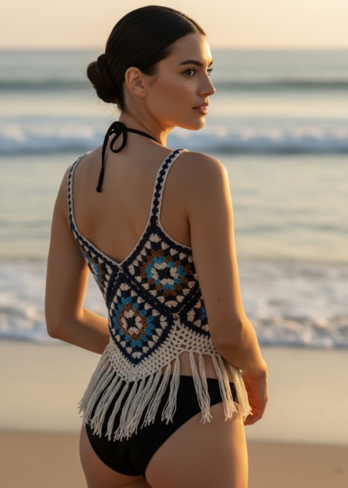 KADIN YAZLIK BLUZ MOTİFLİ PÜSKÜL DETAYLI EL ÖRGÜSÜ