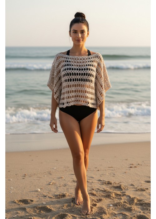KADIN BEJ RENGİ AJURLU BLUZ YAZLIK EL ÖRGÜSÜ