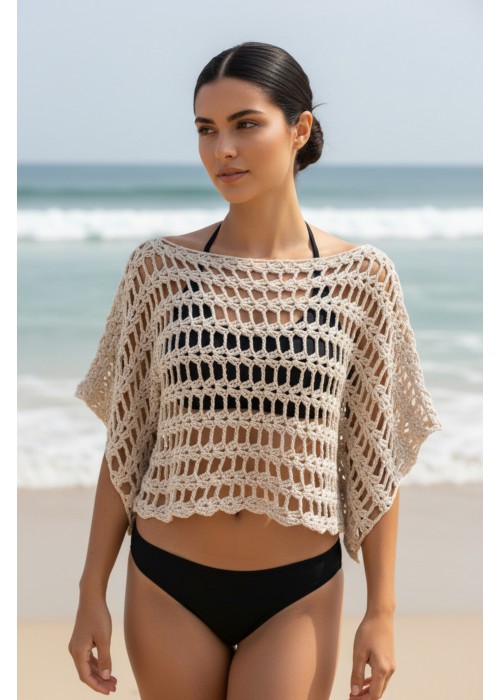 KADIN BEJ RENGİ AJURLU BLUZ YAZLIK EL ÖRGÜSÜ