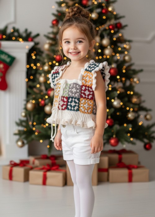 ANNE KIZ KOMBİN YAZLIK EL ÖRGÜSÜĞ BEYAZ ,RENKLİ MOTİFLİ BLUZ