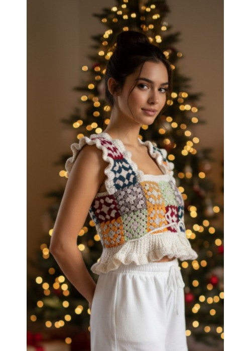 KADIN YAZLIK EL ÖRGÜSÜĞ BEYAZ ,RENKLİ MOTİFLİ BLUZ