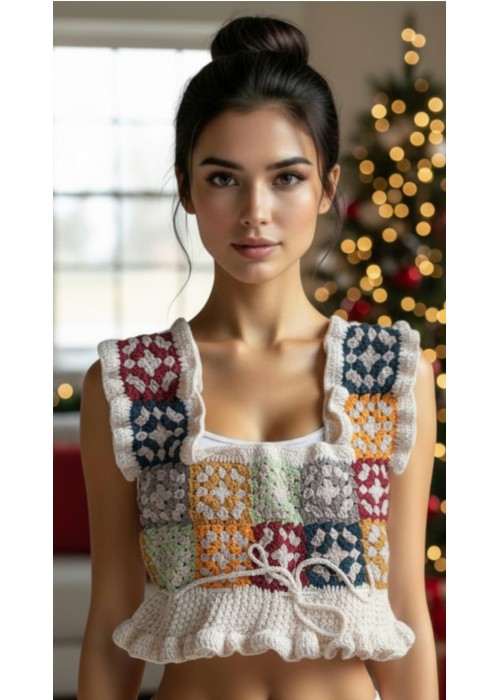 KADIN YAZLIK EL ÖRGÜSÜĞ BEYAZ ,RENKLİ MOTİFLİ BLUZ