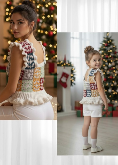 ANNE KIZ KOMBİN YAZLIK EL ÖRGÜSÜĞ BEYAZ ,RENKLİ MOTİFLİ BLUZ