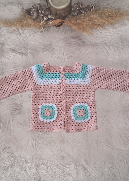 KIZ ÇOCUK PEMBE CEPLİ EL ÖRGÜSÜ HIRKA