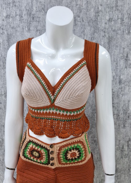 Kadın Kiremit Kırmızısı el örgüsü crop yazlık bluz