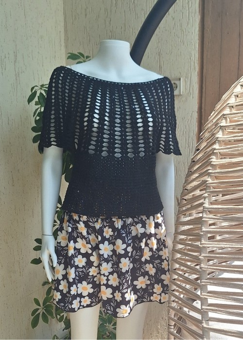 Kadın Siyah Pamuklu İp Pul Detaylı Hand Made El Örgüsü Düşük Omuz Düşük Kol Yazlık Bluz