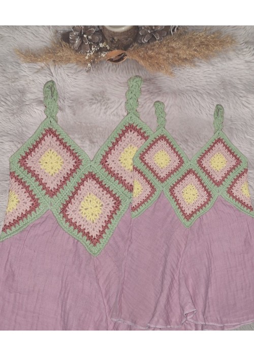 ANNE KIZ KOMBİN AÇIK PEMBE EL ÖRGÜSÜ YAZLIK ELBİSE