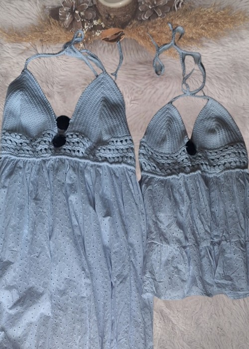 ANNE KIZ KOMBİN BEYAZ DÜĞME DETAYLI EL ÖRGÜSÜ YAZLIK ELBİSE