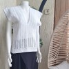 Kadın Beyaz Renk Hand Made El Örgüsü Pamuklu Coton İpten V Yaka Yazlık Düşük Omuz Düşük Kol Bluz