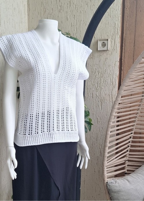 Kadın Beyaz Renk Hand Made El Örgüsü Pamuklu Coton İpten V Yaka Yazlık Düşük Omuz Düşük Kol Bluz